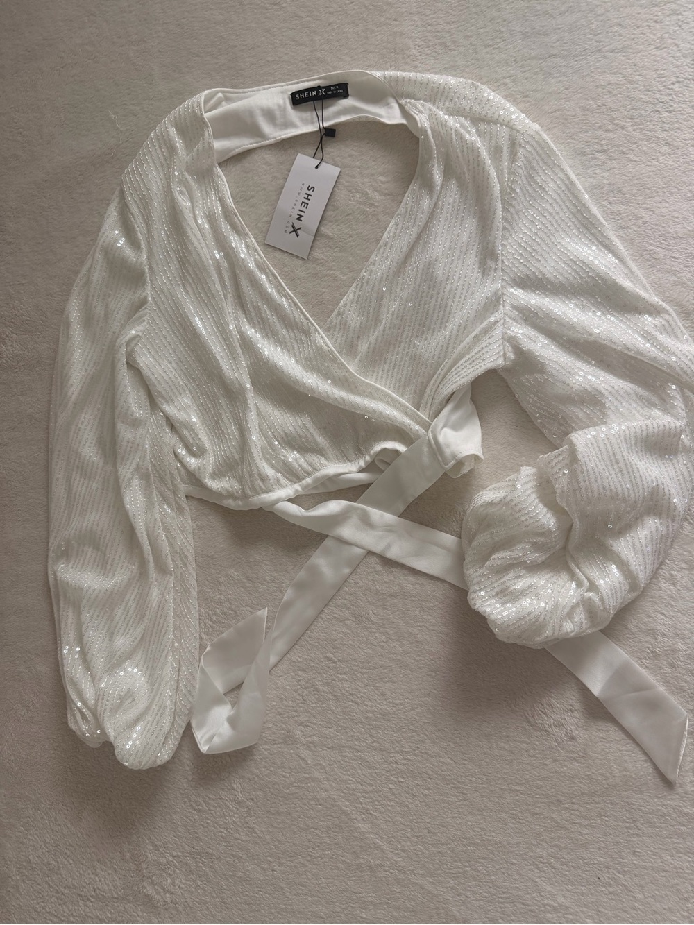 White Sequin Wrap Tie Crop Top M